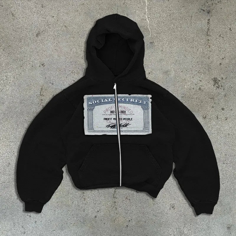 Unisex loose fit hoodie jacket with zipper pockets in black, grey, and pink colour options showing letter pattern detailing