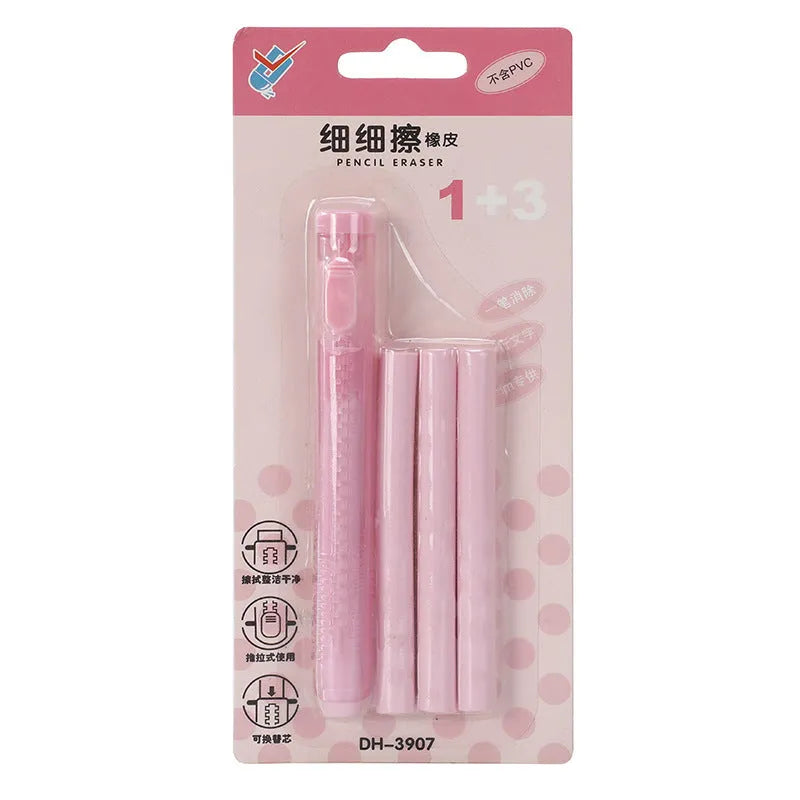 Push-type children's automatic eraser in blue, green, pink, and purple colours on a white background.