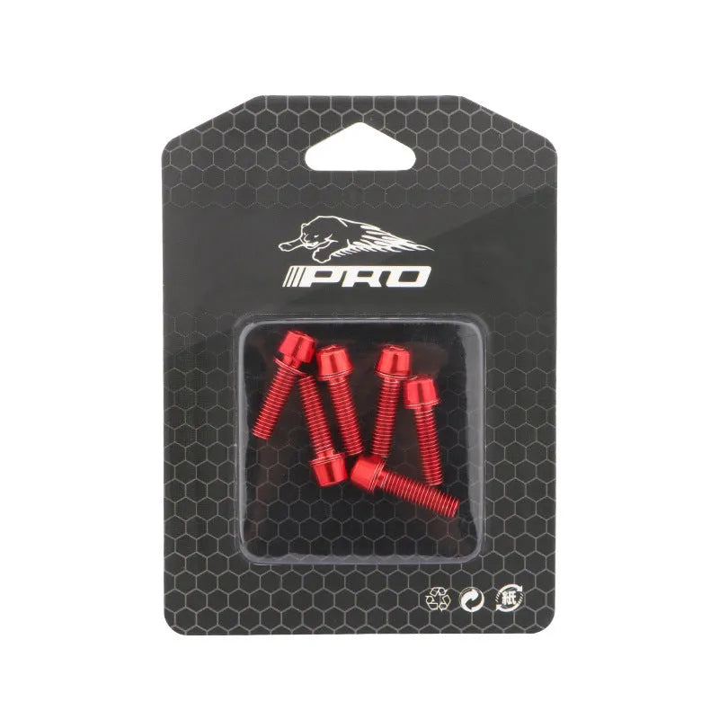 Set of six stainless steel mountain bike handlebar riser fixing screws displayed on a card, showing colour options.