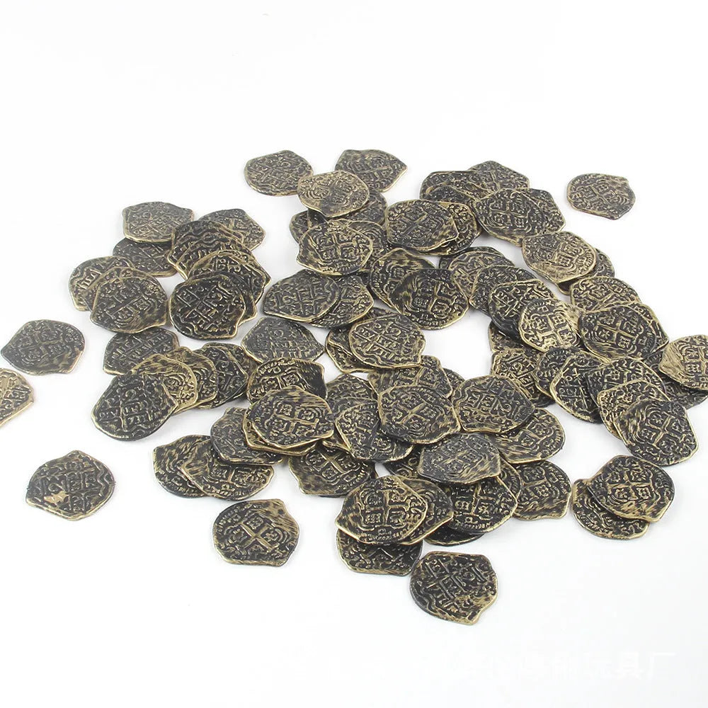 Set of 100 plastic replica Roman pirate coins with electroplated bronze, gold, or silver finish.