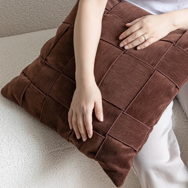 Square chenille woven sofa cushion in beige with textured surface, 50x50cm