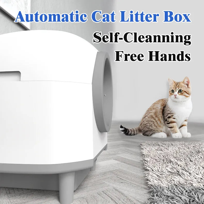 White fully enclosed automatic self-cleaning cat litter box for large cats.