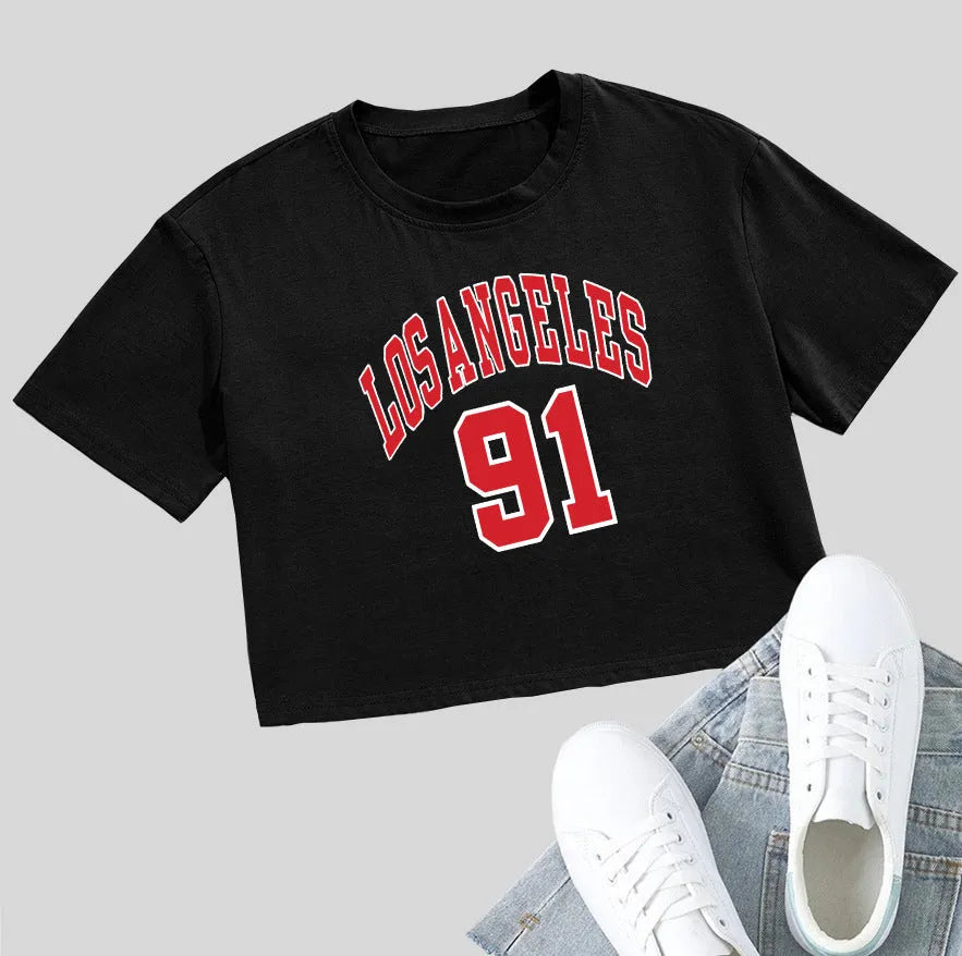 Black loose-fit cotton t-shirt with white printed English letters and an exposed navel design.