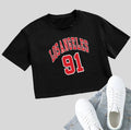 Black loose-fit cotton t-shirt with white printed English letters and an exposed navel design.