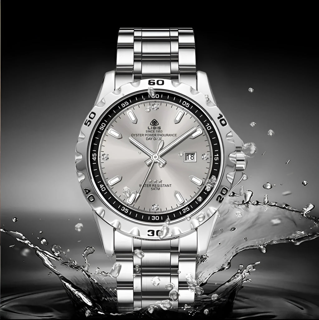 Silver case men's business watch with stainless steel strap and black dial