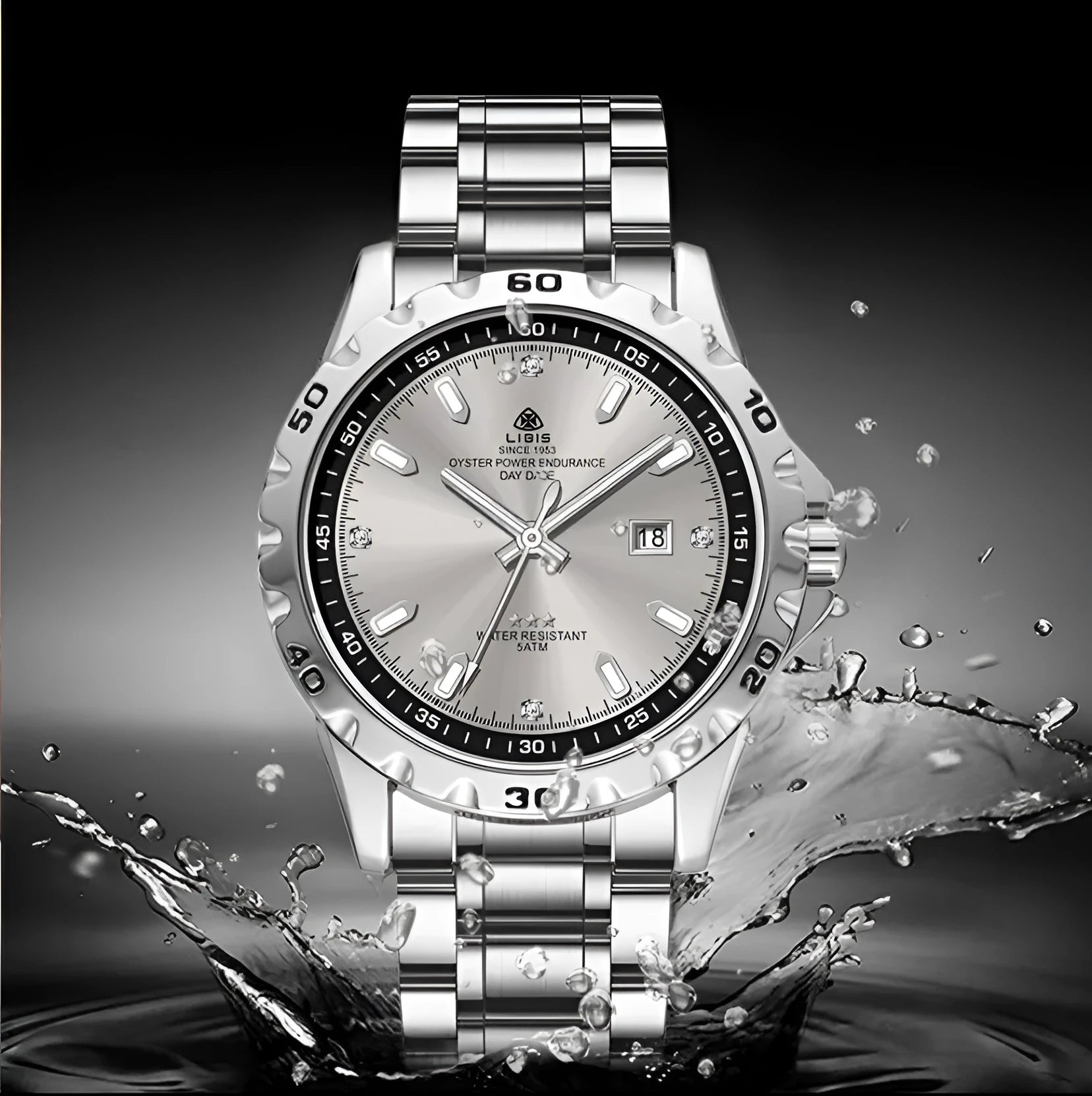 Silver case men's business watch with stainless steel strap and black dial