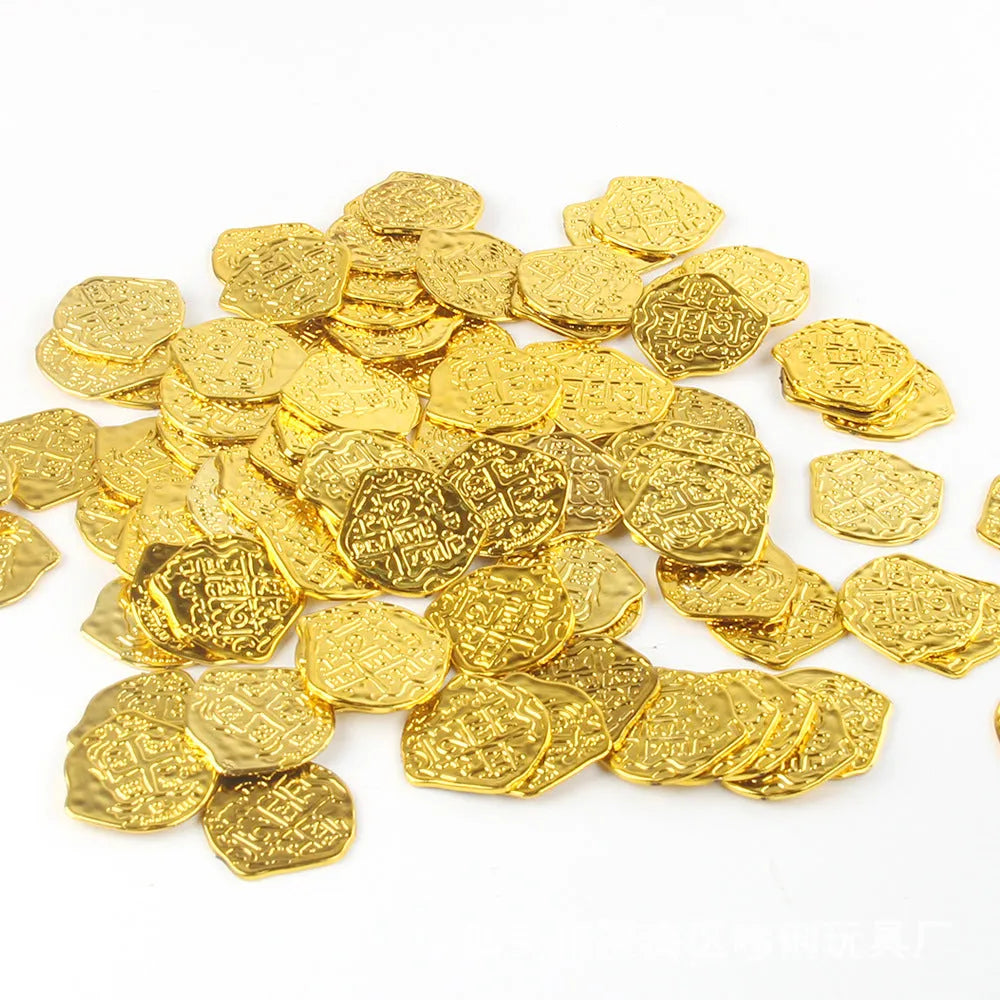 Set of 100 plastic replica Roman pirate coins with electroplated bronze, gold, or silver finish.