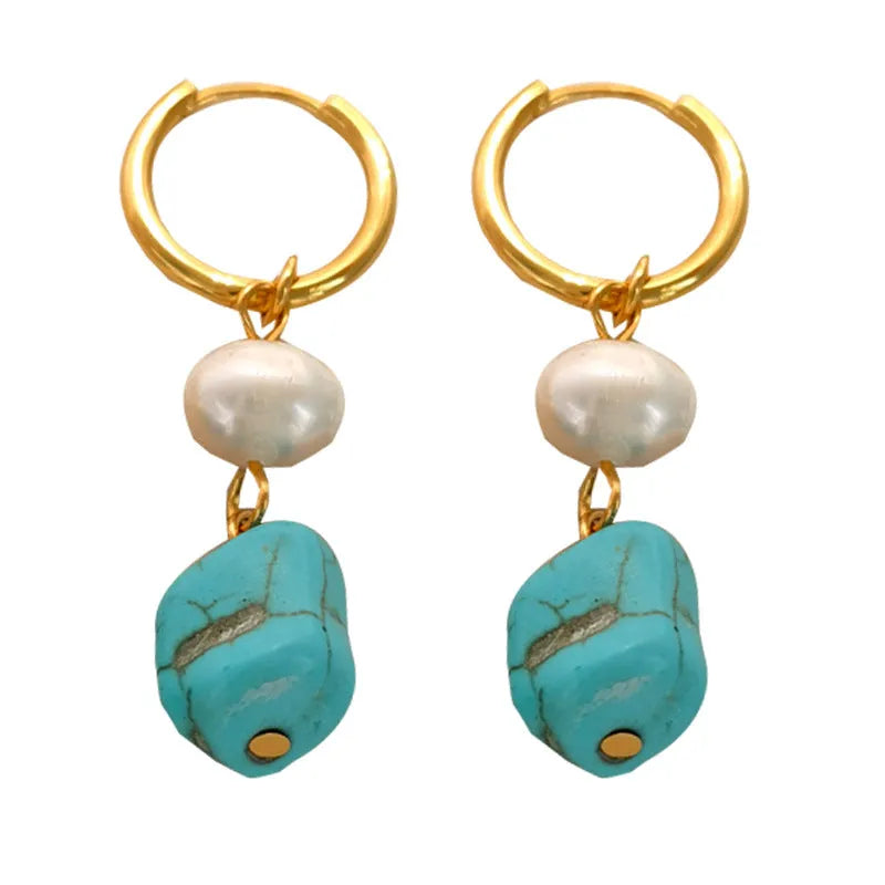 Geometric copper earrings with irregular turquoise stones and cultured pearl accents in short and long styles