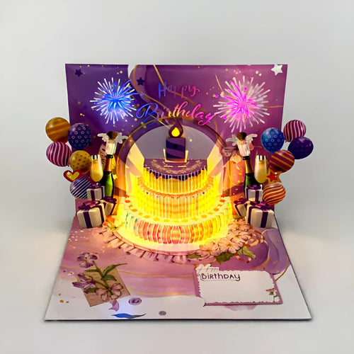 Musical 3D birthday card with Chinese ink style cake design showing manual folded paper construction
