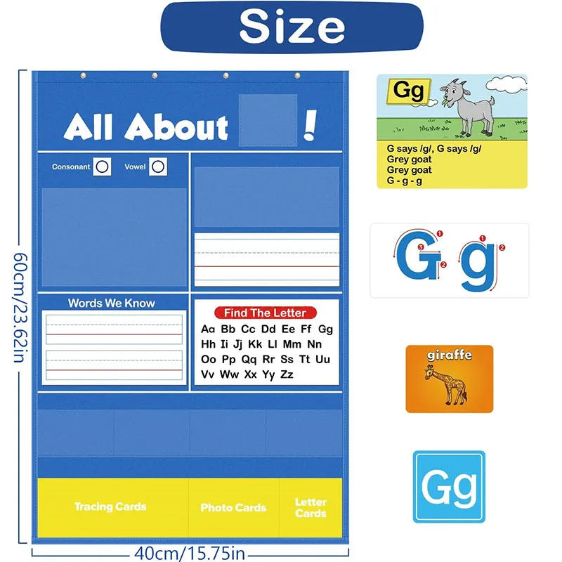 Silicone alphabet learning sleeve chart with word and letter cards laid out, measuring 60x40 cm.