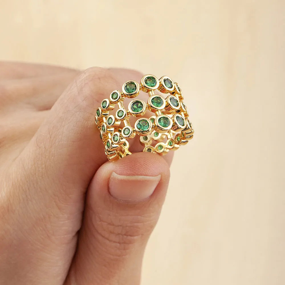 Three-layer exaggerated green full zircon wide ring with copper base and 18K real gold plating