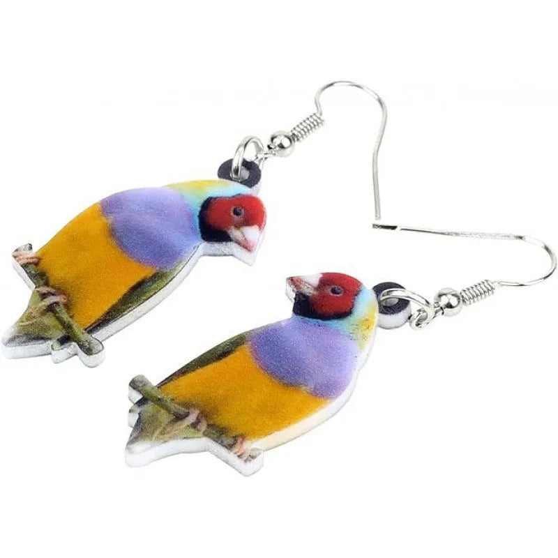 Acrylic geometric pendant earrings with a printed blue titmouse and snake chain design.