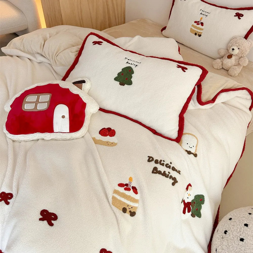 Winter-themed cartoon bedding four-piece set in polyester fabric with cashmere pattern design