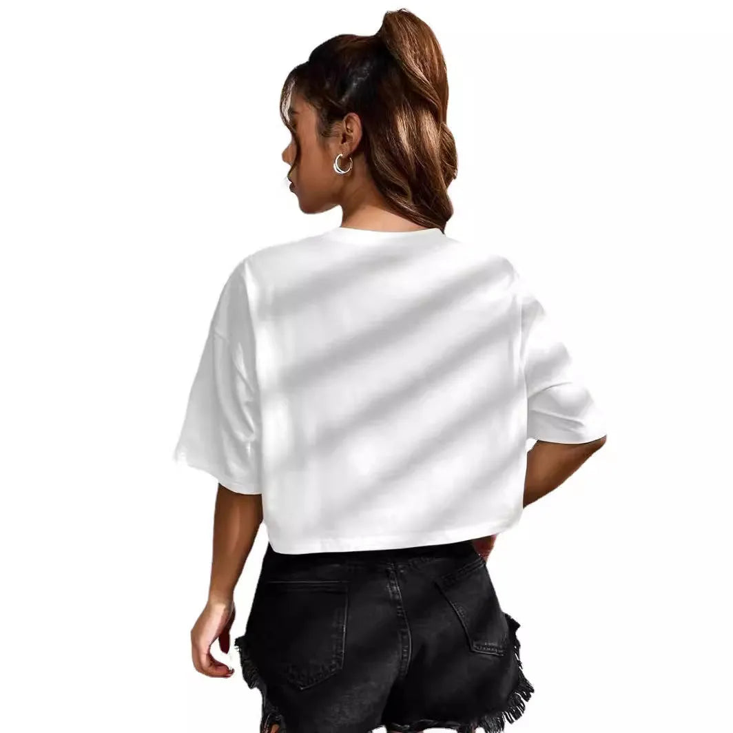 Black loose-fit cotton t-shirt with white printed English letters and an exposed navel design.