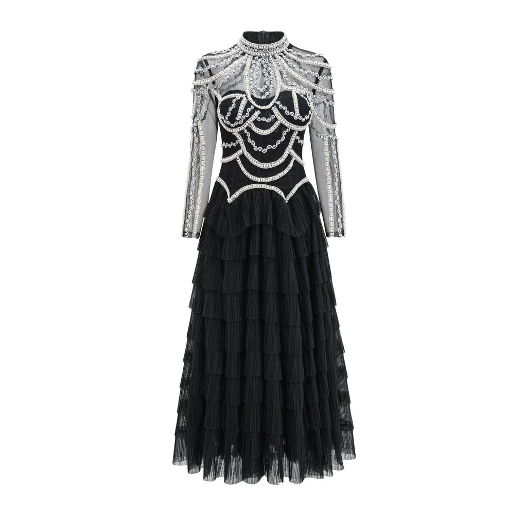 Women's black long sleeve beaded dress with a long skirt and mid waist, also available in pink.