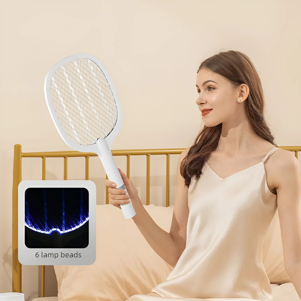 Rechargeable electric mosquito swatter with ABS plastic shell in two colour variants.