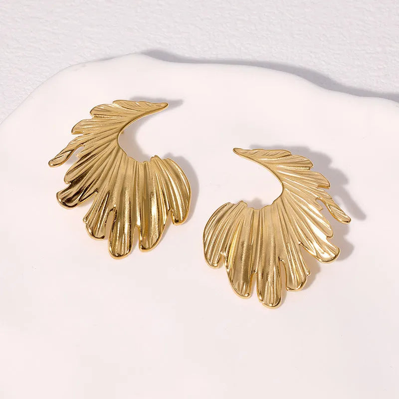 Stainless steel leaf stud earrings with gold or steel colour electroplated finish