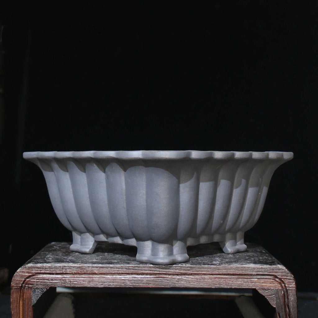 Purple sand ceramic square bonsai pot with classical styling and warp device detailing