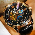 Large dial automatic mechanical watch with rose gold shell and black leather strap