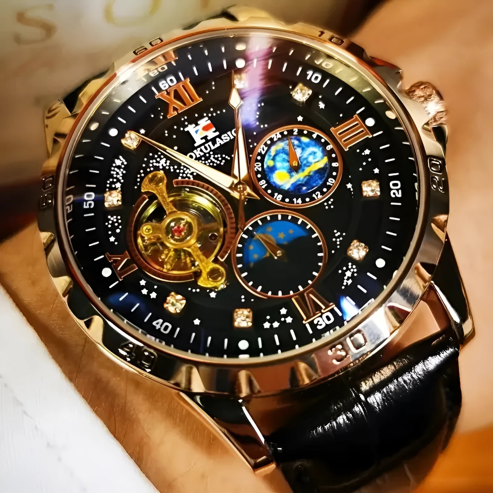 Large dial automatic mechanical watch with rose gold shell and black leather strap