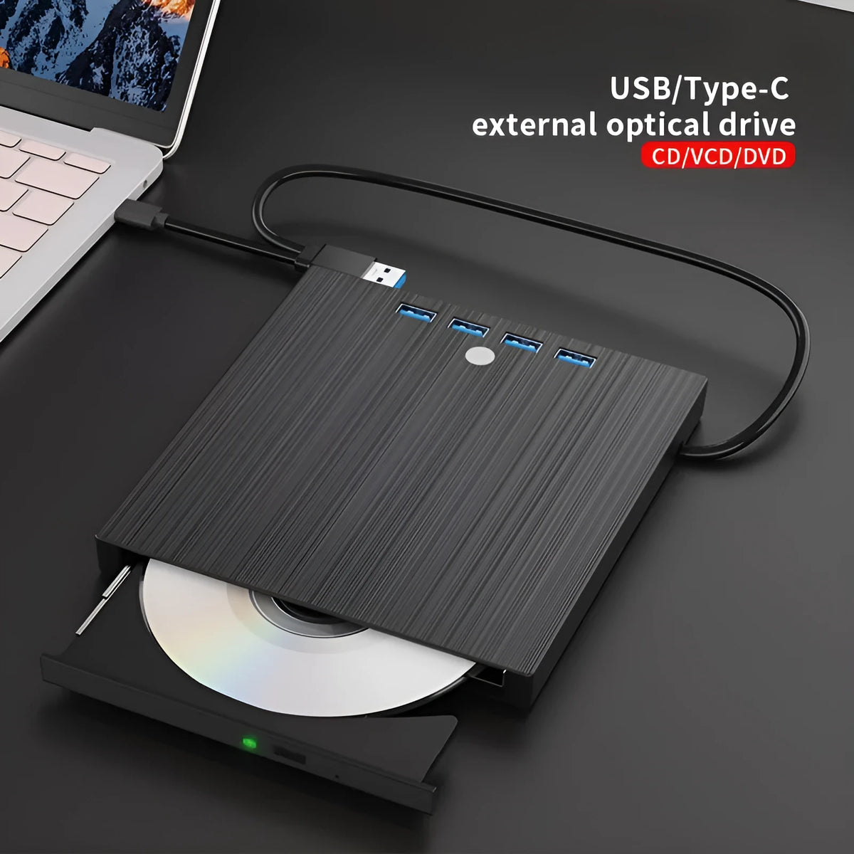 Black external USB DVD burner with tray loading and 8MB cache, plastic body, 0.36kg