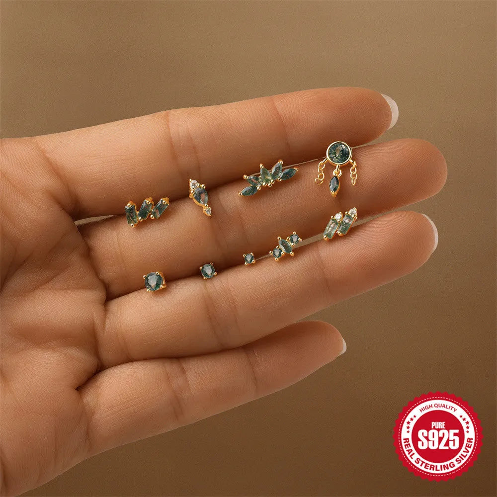 S925 sterling silver geometric moss water drop ear stud in gold finish on neutral background