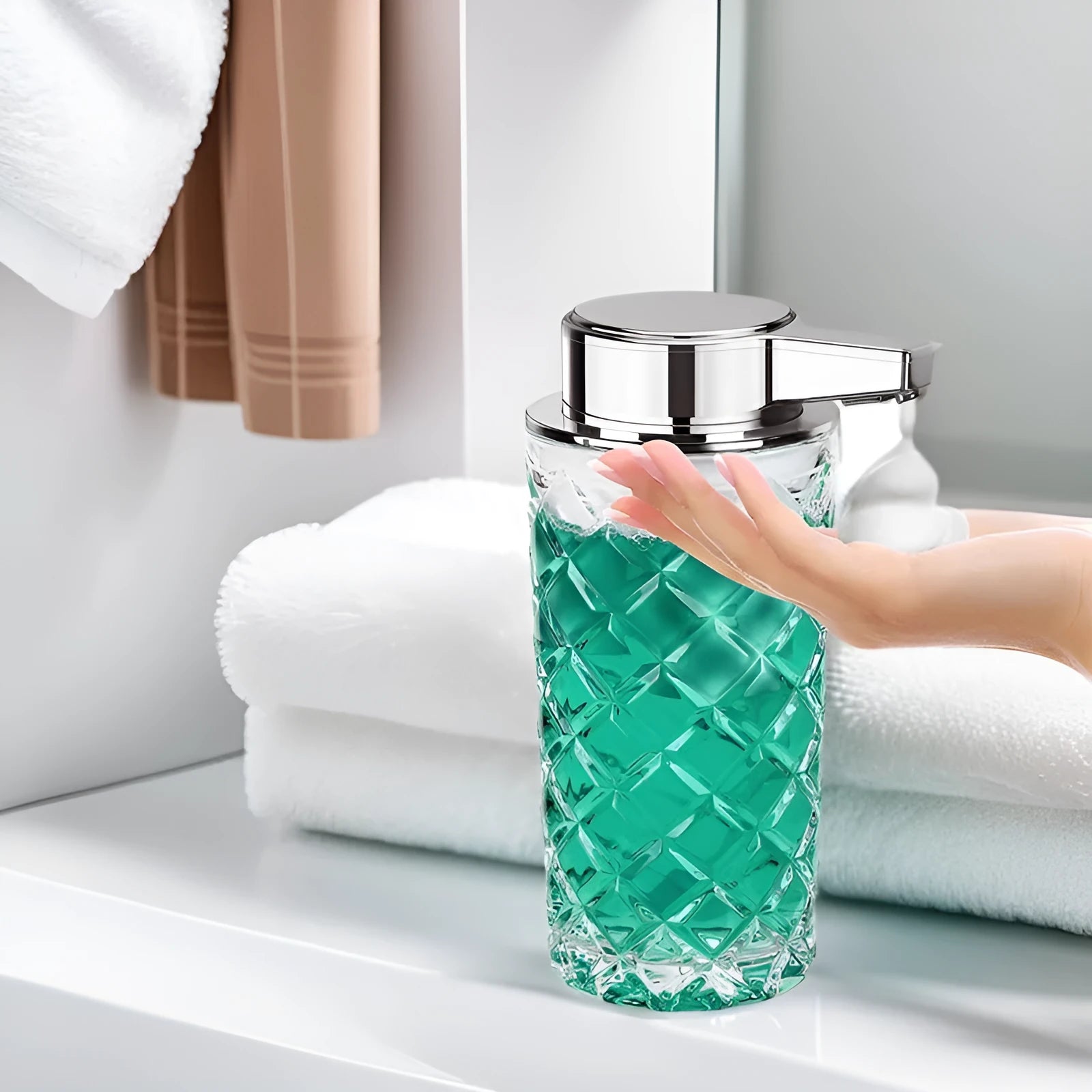 Silver automatic soap dispenser with sensor and USB-C charging port on a bathroom countertop