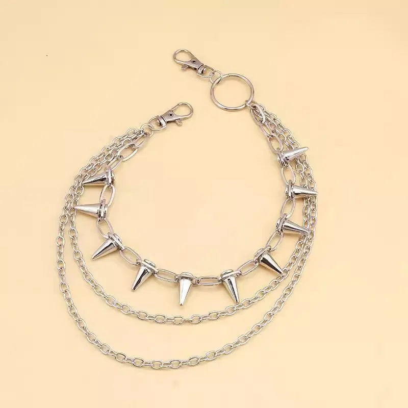 Silver double-layer metal trousers chain with rivet details showing 115cm length