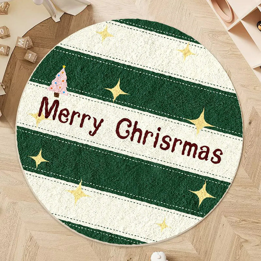 Round alien-shaped Christmas floor mat in imitation cashmere with festive gingerbread man design.