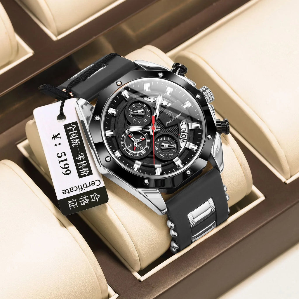 Men's chronograph watch with silicone strap showing diamond dial and 10mm case thickness