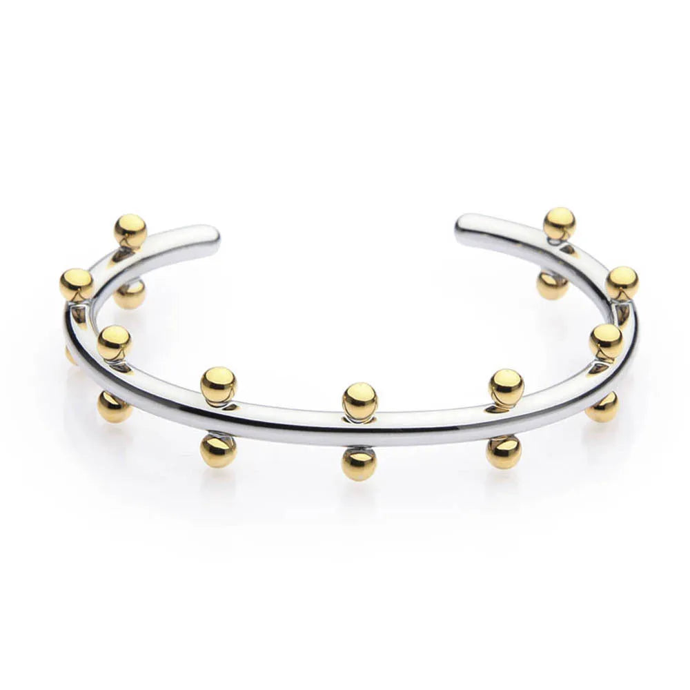 C-shaped stainless steel bracelet charm with textured surface and rivet bean beads in metallic finishes