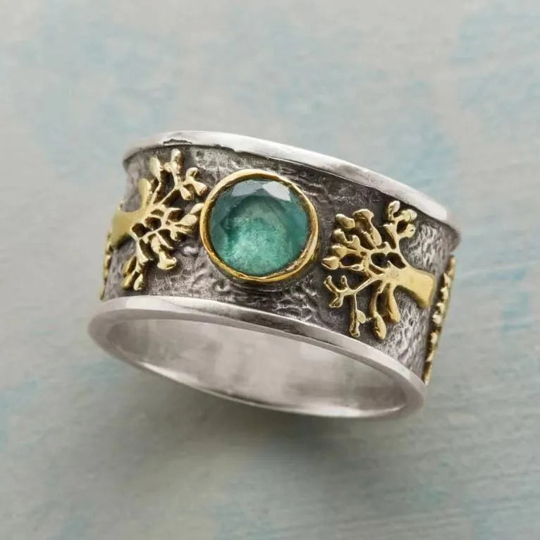 Light green vintage-style ring with geometric lucky tree and constellation design in alloy and artificial gemstone.