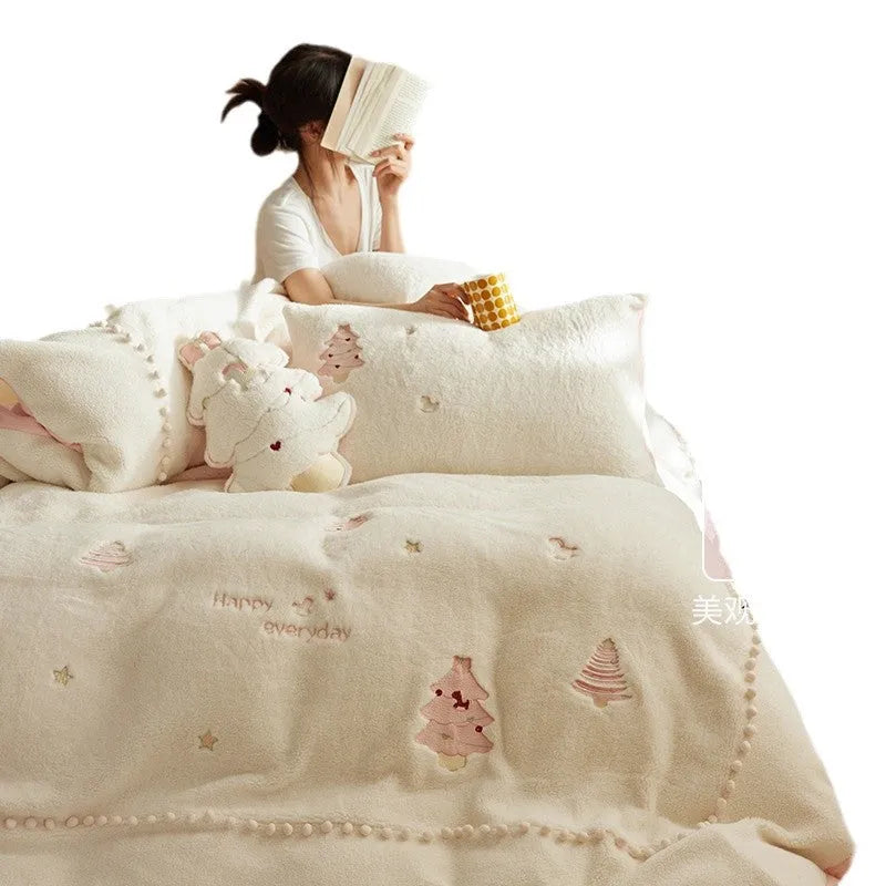 Green and pink Christmas tree print on a milk fibre duvet cover and pillowcase bedding set.