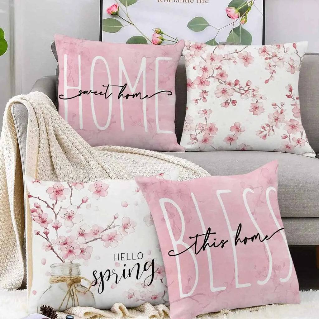 Short velvet Spring Cherry Blossom letter cushion cover, 45cm square, shown in one of four HDRD192 colour options.