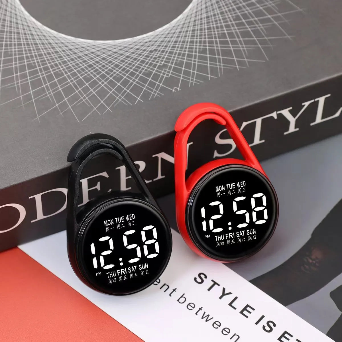 LED digital watch with luminous display showing time and weekday, available in multiple colours