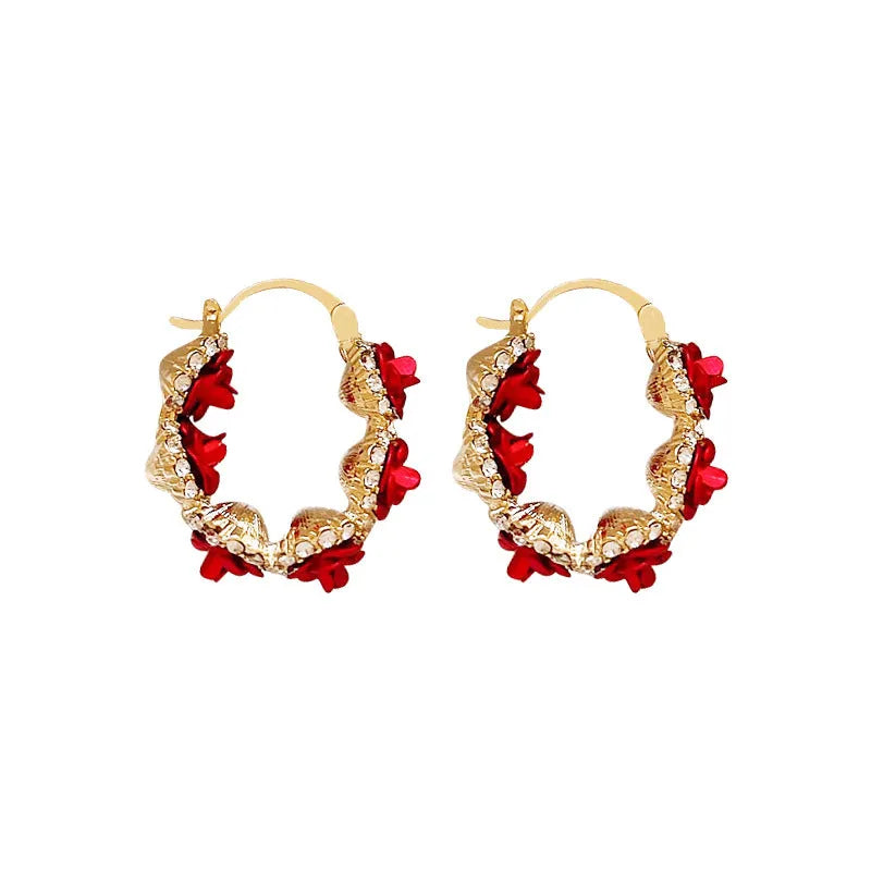 Red flower-shaped alloy clip earrings with rose motif for women