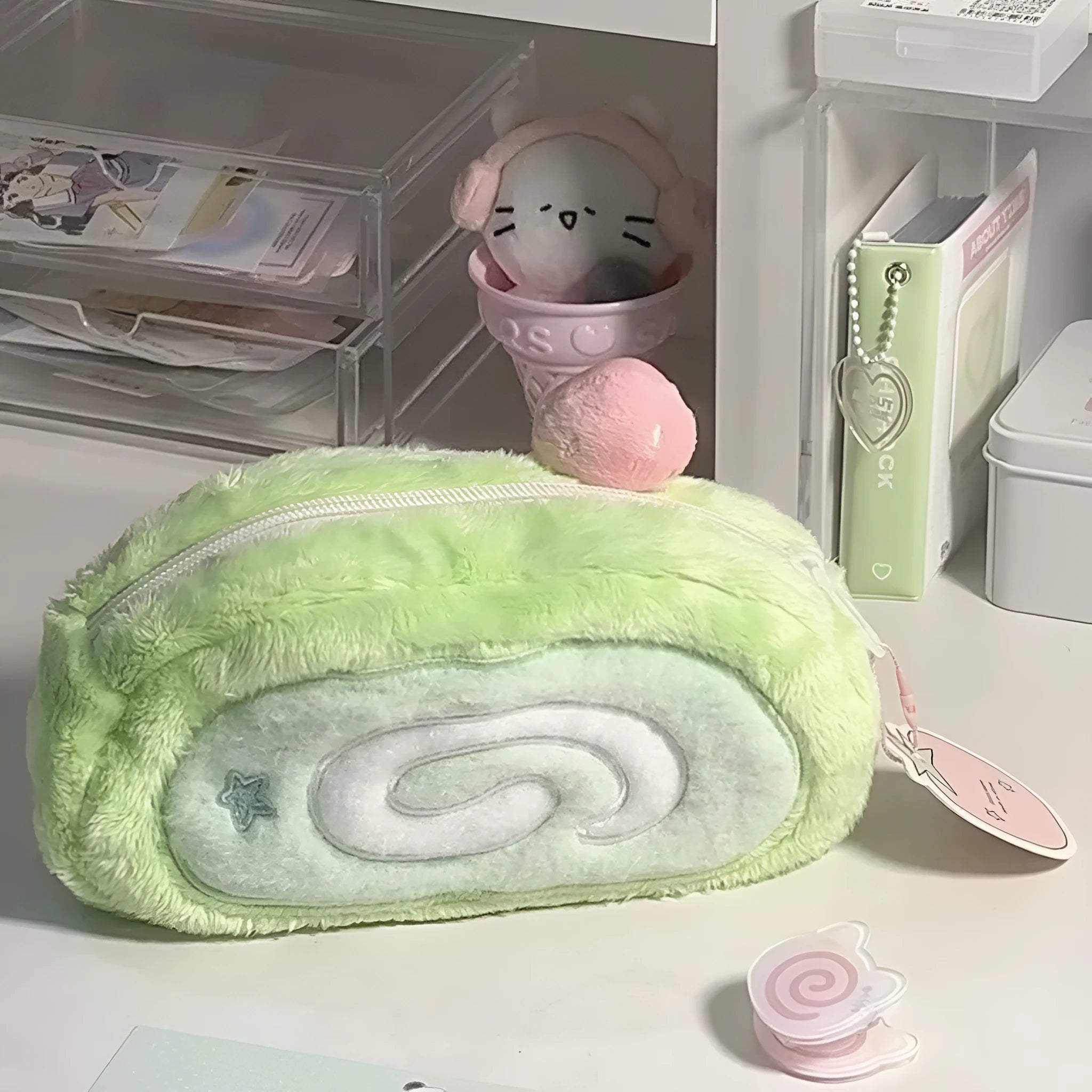 Korean style velvet pencil case with Swiss roll cake colour scheme for stationery storage