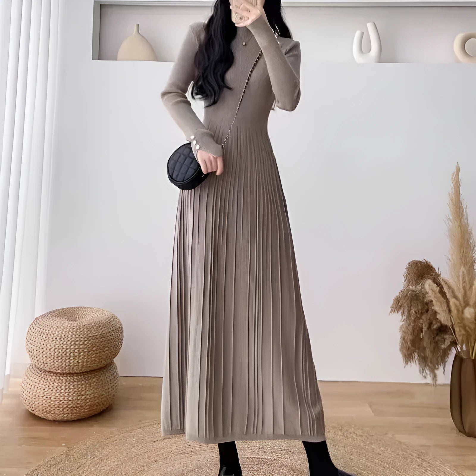 Women's high waist A-line polyester acrylic skirt in mid-length below knees design