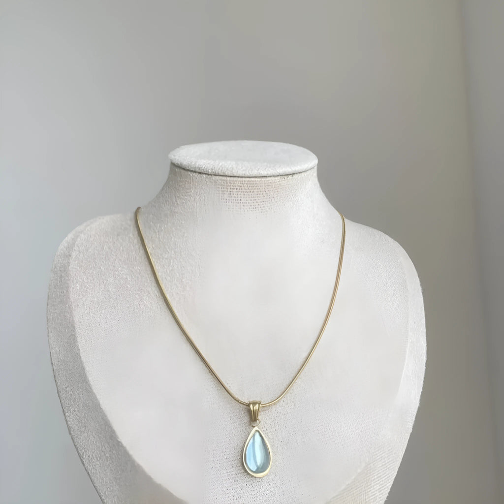 Retro water drop necklace with mixed gemstone pendant on titanium steel snake bone chain