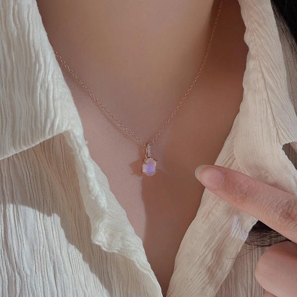 S925 sterling silver necklace with geometric quadrilateral moonstone pendant on curb chain