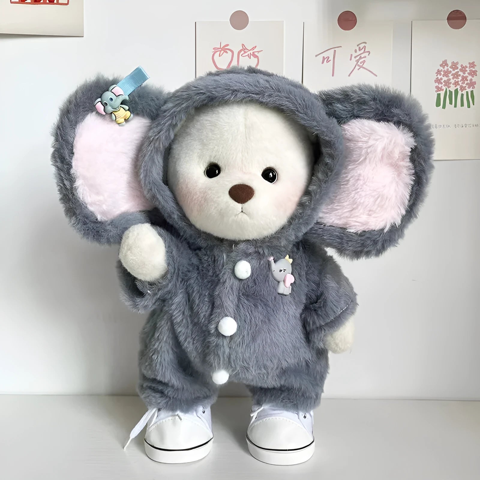 Grey elephant plush jumpsuit outfit for a 30cm Lina bear doll.