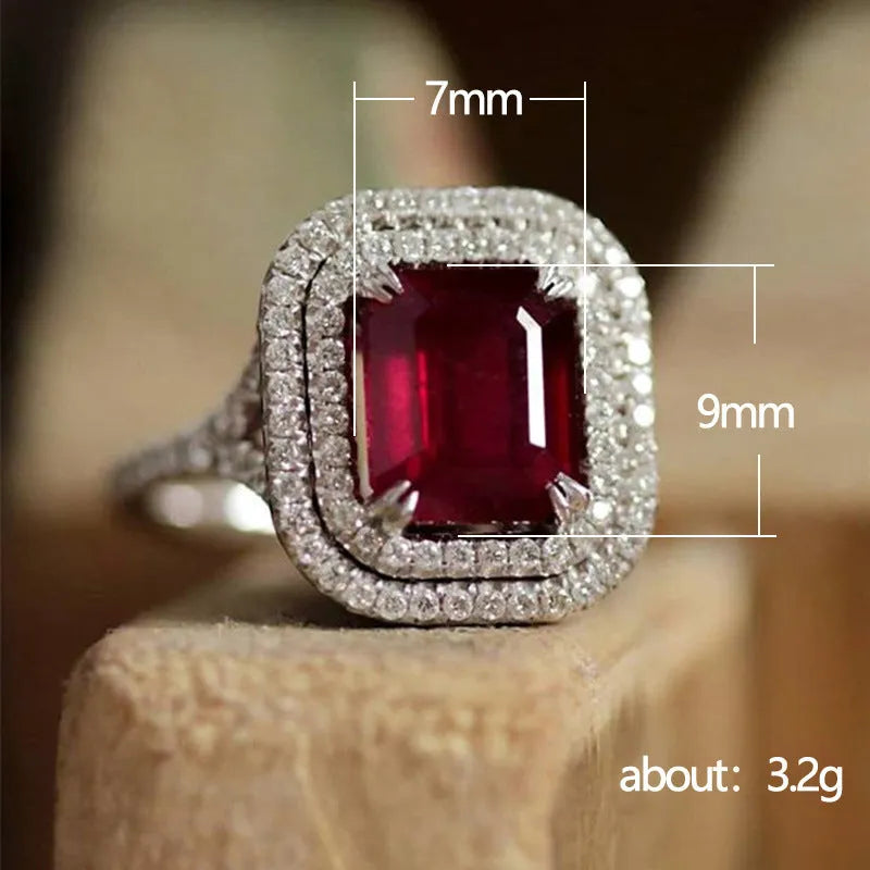 Red copper square ring with rhinestones for women, shown in size 8.