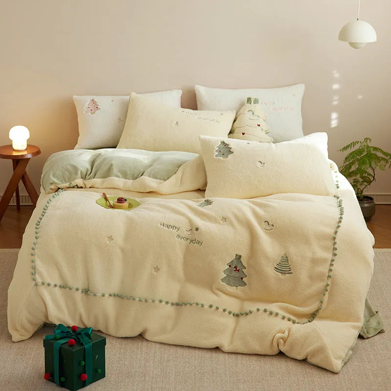 Green and pink Christmas tree print on a milk fibre duvet cover and pillowcase bedding set.