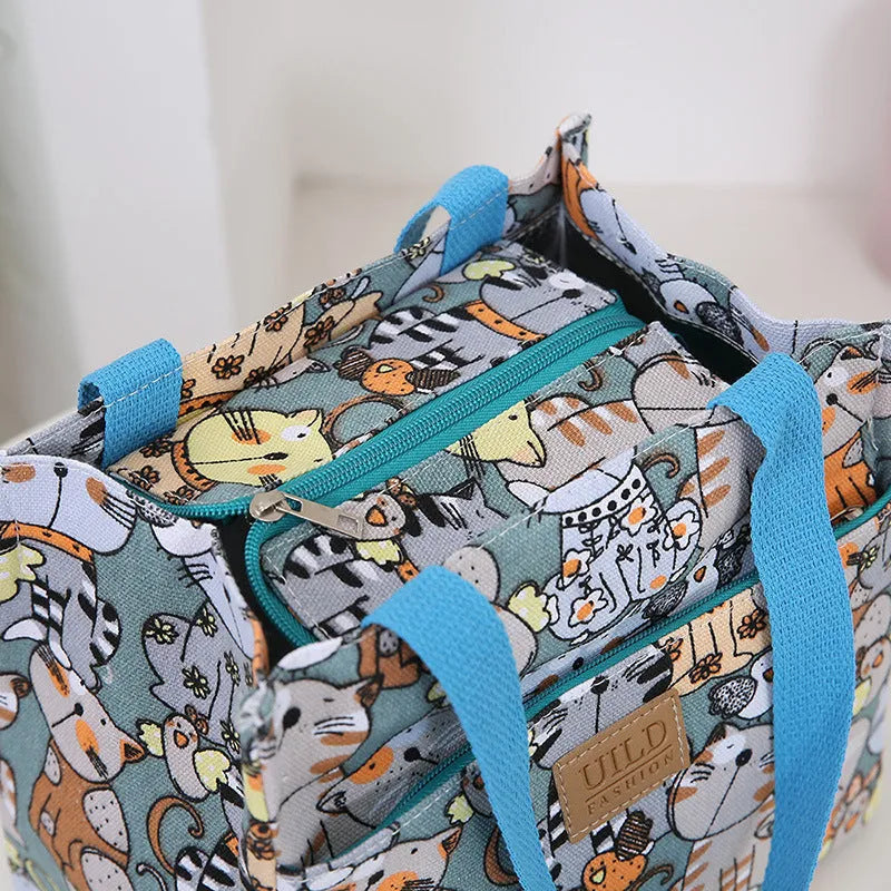Women's large square canvas tote bag with printed design options of cats, letters, and flowers.
