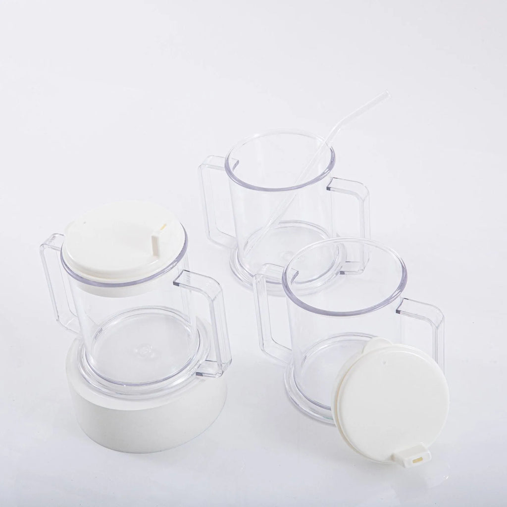 Transparent spill-proof drinking cup with lid showing 14cm height