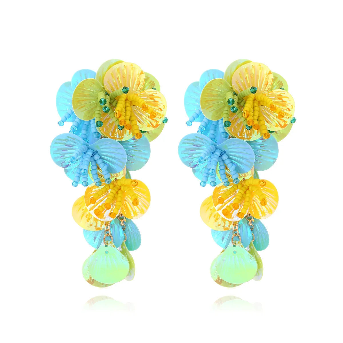 European American exaggerated handmade string bead flower earrings in colourful, rose or purple with leaf details