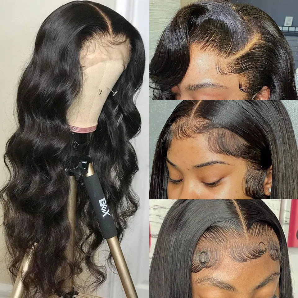 Black long curly synthetic wig with side bangs and a front lace hairline.