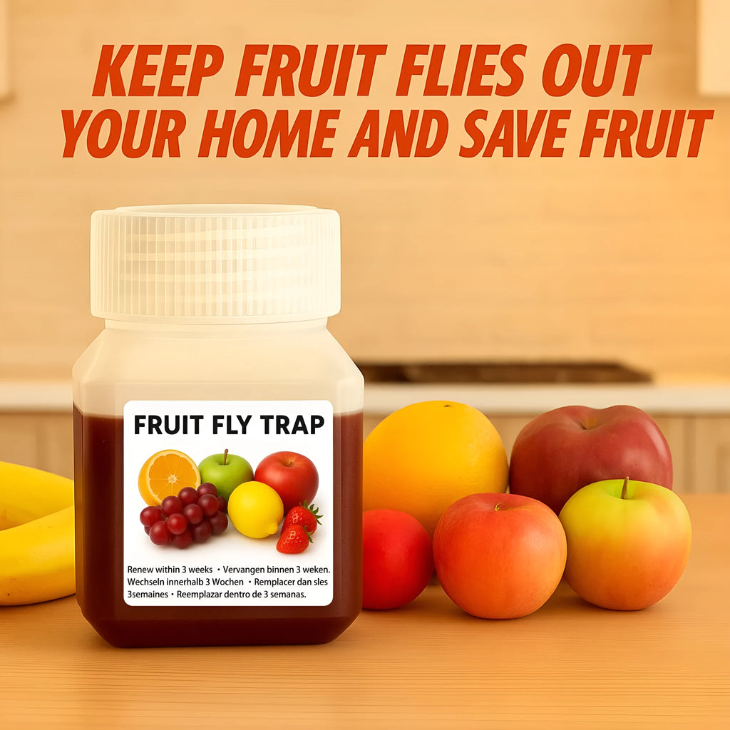 Bottle of SK003 fruit fly trapper bait liquid showing funnel and no-funnel options