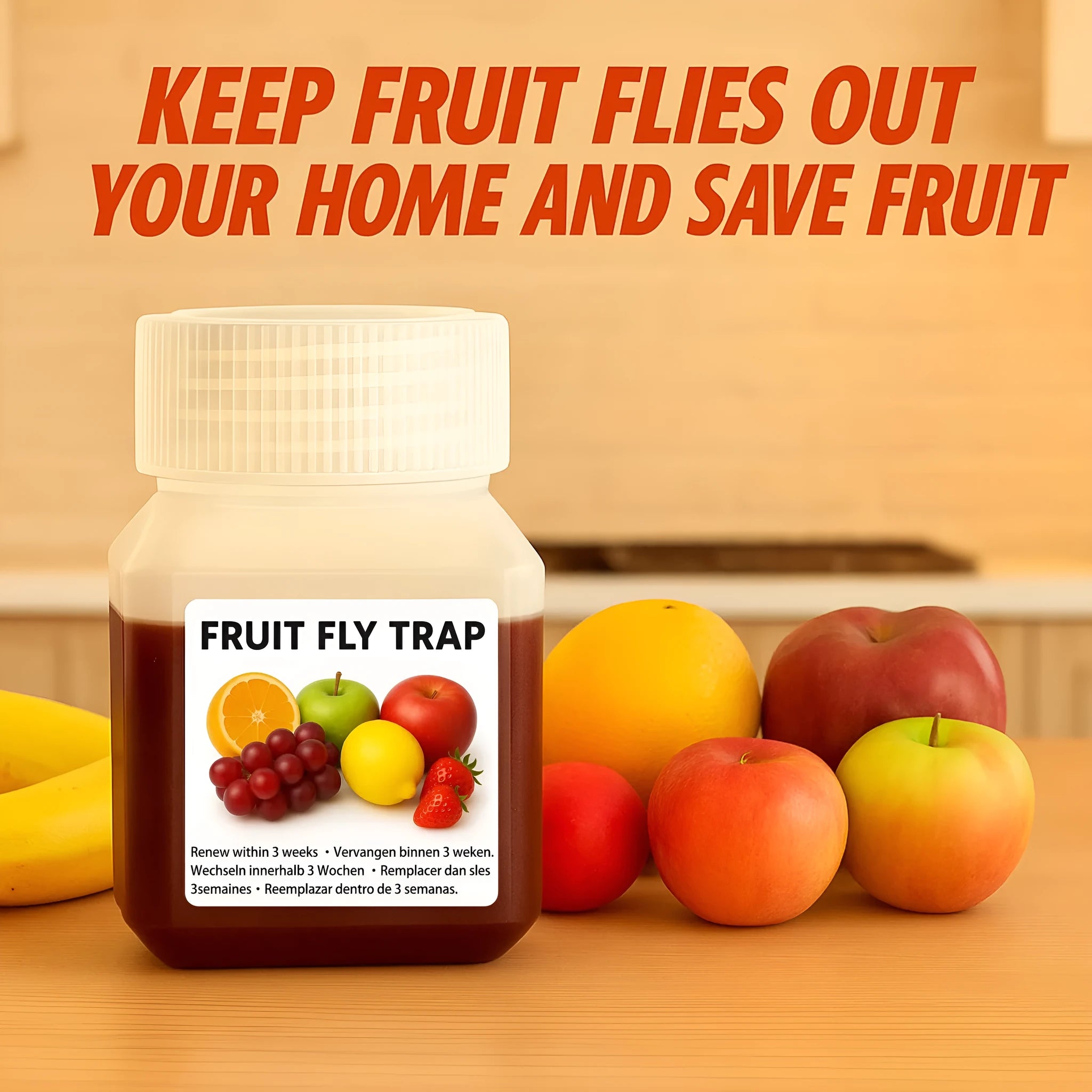 Bottle of SK003 fruit fly trapper bait liquid showing funnel and no-funnel options