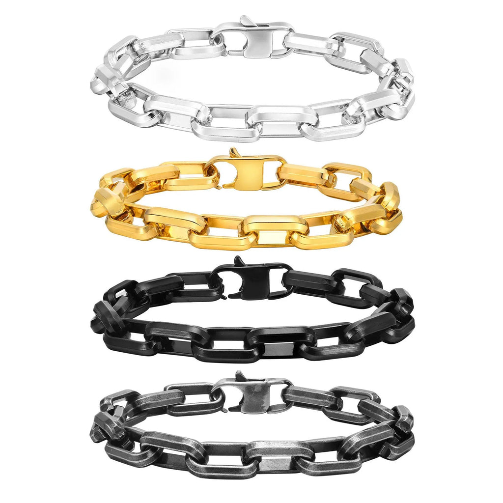 Men's stainless steel square chain bracelet in black, gold, retro, or steel colour.